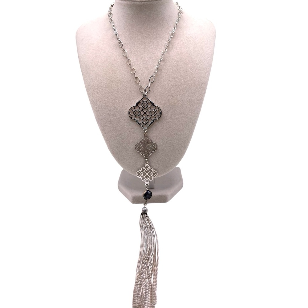 ❤️ Silver Tassel Honeycomb Filagree Long Necklace